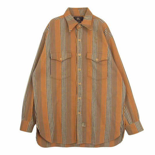 RRL ダブルアールエル 三ツ星黒タグ コットン ストライプ 長袖 シャツ ブラウン系 S【中古】