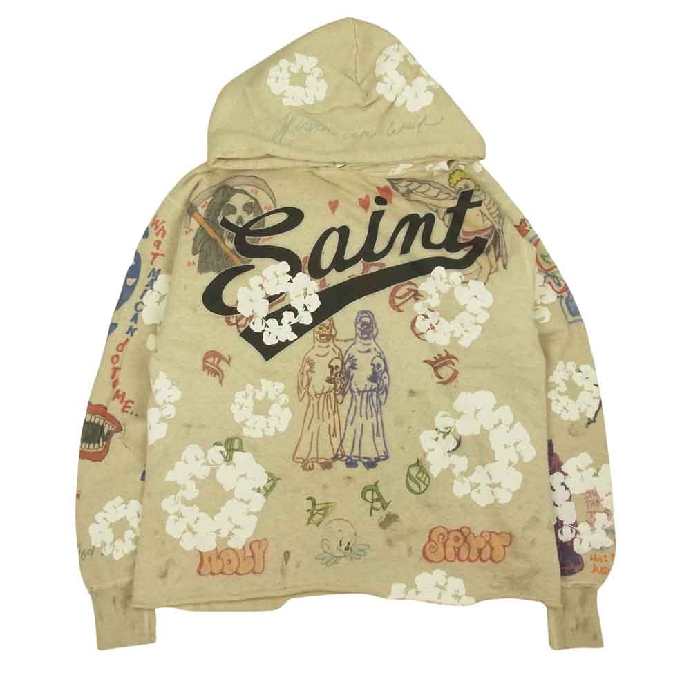 セントマイケル SM-S22-0000-083 × DENIM TEARS HOODIE デニムティアーズ 総柄 ペイント フーディー プルオーバー パーカー グレー系 S【新古品】【未使用】【中古】