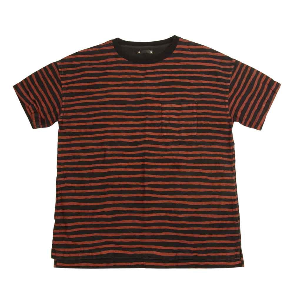 MINEDENIM マインデニム 1940-4006-17-022 Hand Drawing Border N.Loose T-SH USED加工 ポケット付 ボーダー 半袖 Tシャツ ブラック系 レッド系 2【中古】