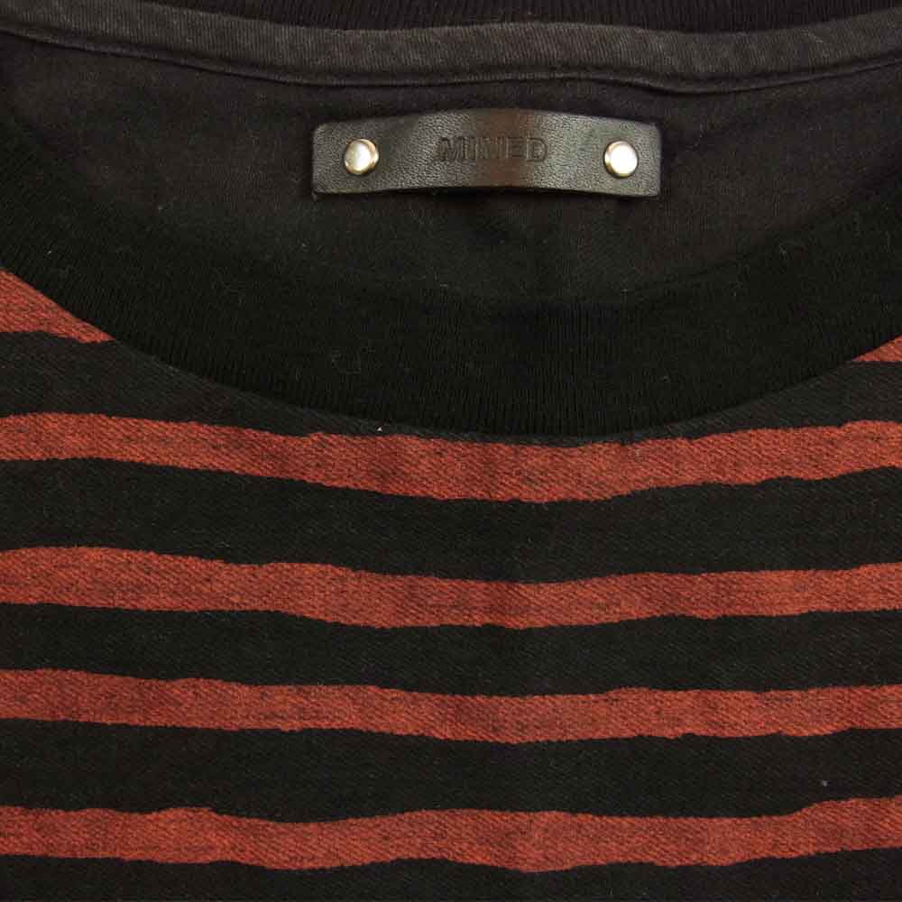 MINEDENIM マインデニム 1940-4006-17-022 Hand Drawing Border N.Loose T-SH USED加工 ポケット付 ボーダー 半袖 Tシャツ ブラック系 レッド系 2【中古】