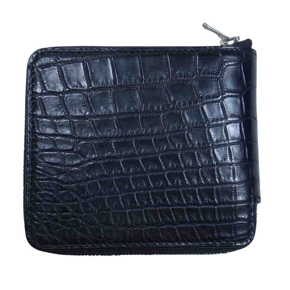 万双 クロコ ラウンド 二つ折り 財布 ブラック系【中古】