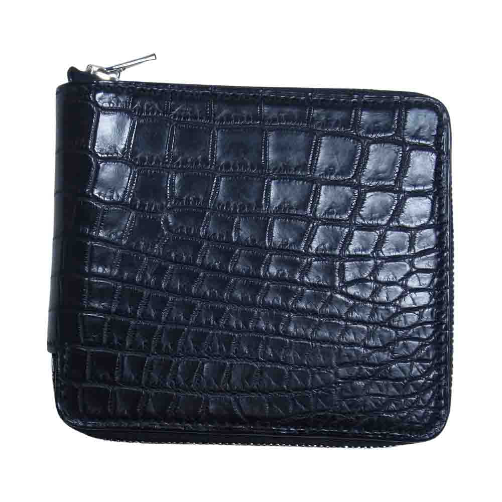 万双 クロコ ラウンド 二つ折り 財布 ブラック系【中古】