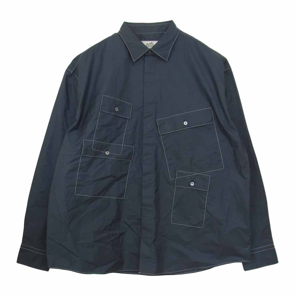 HERMES エルメス 4ポケット ステッチ オーバーサイズ シャツ ネイビー系 41/16【中古】