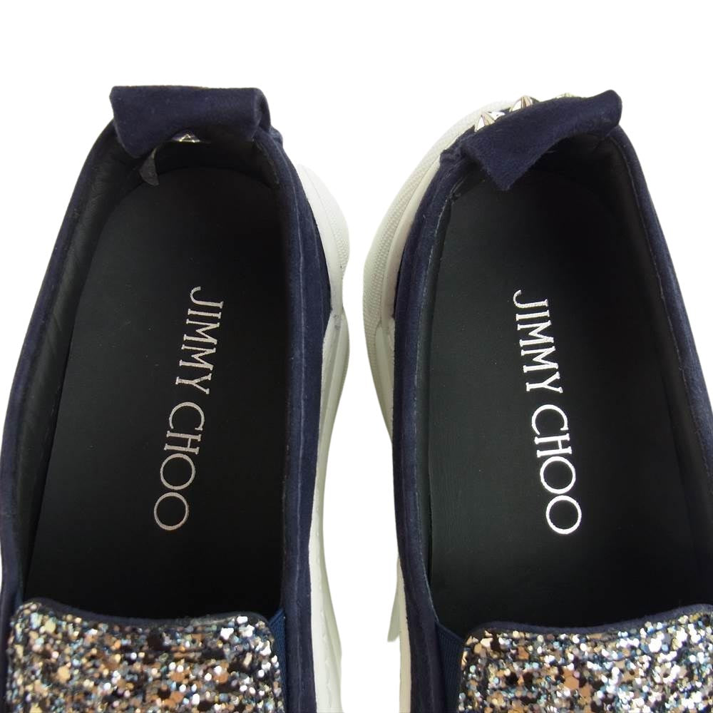 JIMMY CHOO ジミーチュウ グリッター スリッポン ネイビー系 34 実寸22cm【極上美品】【中古】