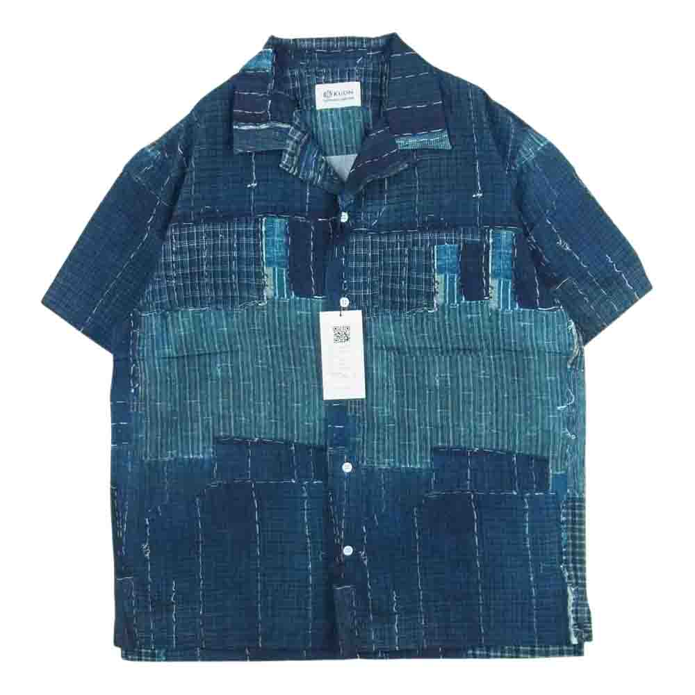 クオン 2101-SH0517 Boro Hawaiian Shirt 襤褸 ボロ ファブリック 転写 プリント ハワイアン オープンカラー 半袖 シャツ ネイビー系 M【新古品】【未使用】【中古】