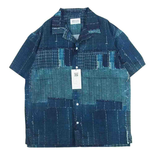 クオン 2101-SH0517 Boro Hawaiian Shirt 襤褸 ボロ ファブリック 転写 プリント ハワイアン オープンカラー 半袖 シャツ ネイビー系 M【新古品】【未使用】【中古】