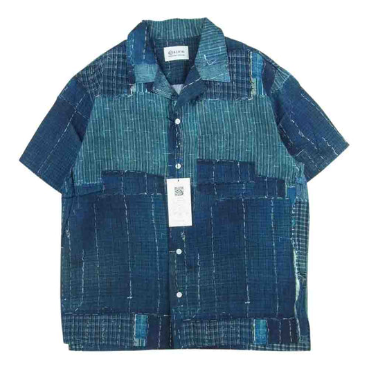 クオン 2101-SH0517 Boro Hawaiian Shirt 襤褸 ボロ ファブリック 転写 プリント ハワイアン オープンカラー 半袖 シャツ ネイビー系 S【新古品】【未使用】【中古】