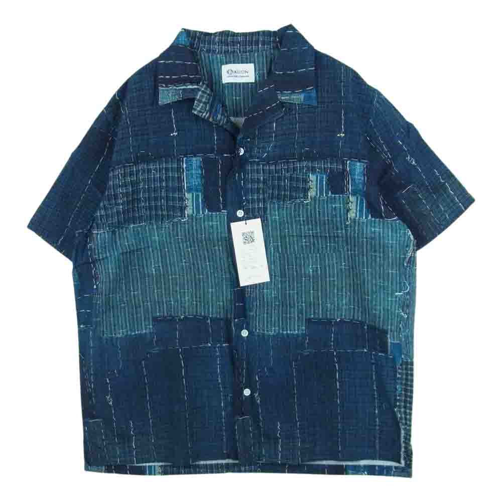 クオン 2101-SH0517 Boro Hawaiian Shirt 襤褸 ボロ ファブリック 転写 プリント ハワイアン オープンカラー 半袖 シャツ ネイビー系 M【新古品】【未使用】【中古】