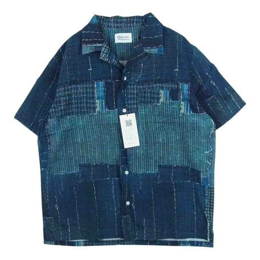クオン 2101-SH0517 Boro Hawaiian Shirt 襤褸 ボロ ファブリック 転写 プリント ハワイアン オープンカラー 半袖 シャツ ネイビー系 M【新古品】【未使用】【中古】