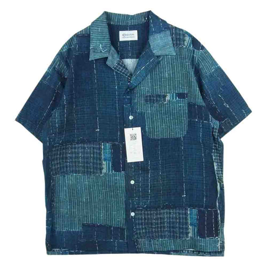 クオン 2101-SH0517 Boro Hawaiian Shirt 襤褸 ボロ ファブリック 転写 プリント ハワイアン オープンカラー 半袖 シャツ ネイビー系 M【新古品】【未使用】【中古】