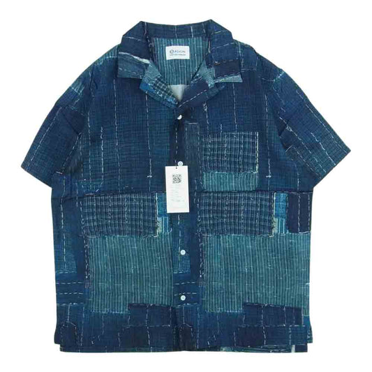 クオン 2101-SH0517 Boro Hawaiian Shirt 襤褸 ボロ ファブリック 転写 プリント ハワイアン オープンカラー 半袖 シャツ ネイビー系 L【新古品】【未使用】【中古】