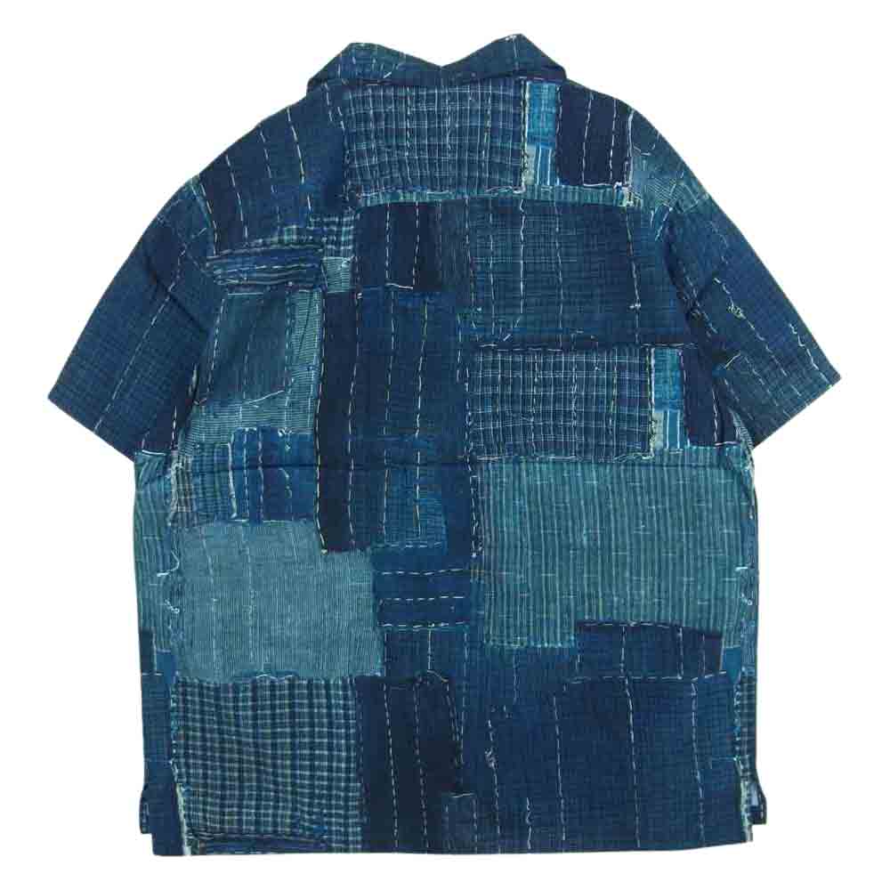 クオン 2101-SH0517 Boro Hawaiian Shirt 襤褸 ボロ ファブリック 転写 プリント ハワイアン オープンカラー 半袖 シャツ ネイビー系 L【新古品】【未使用】【中古】