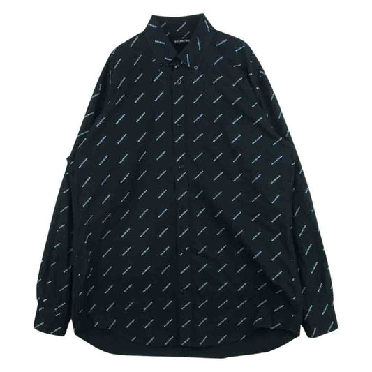 BALENCIAGA バレンシアガ 534333 TBL96 All over Logo Shirt オールオーバーロゴ 総柄 ボタンダウン 長袖 シャツ ブラック系 38【中古】