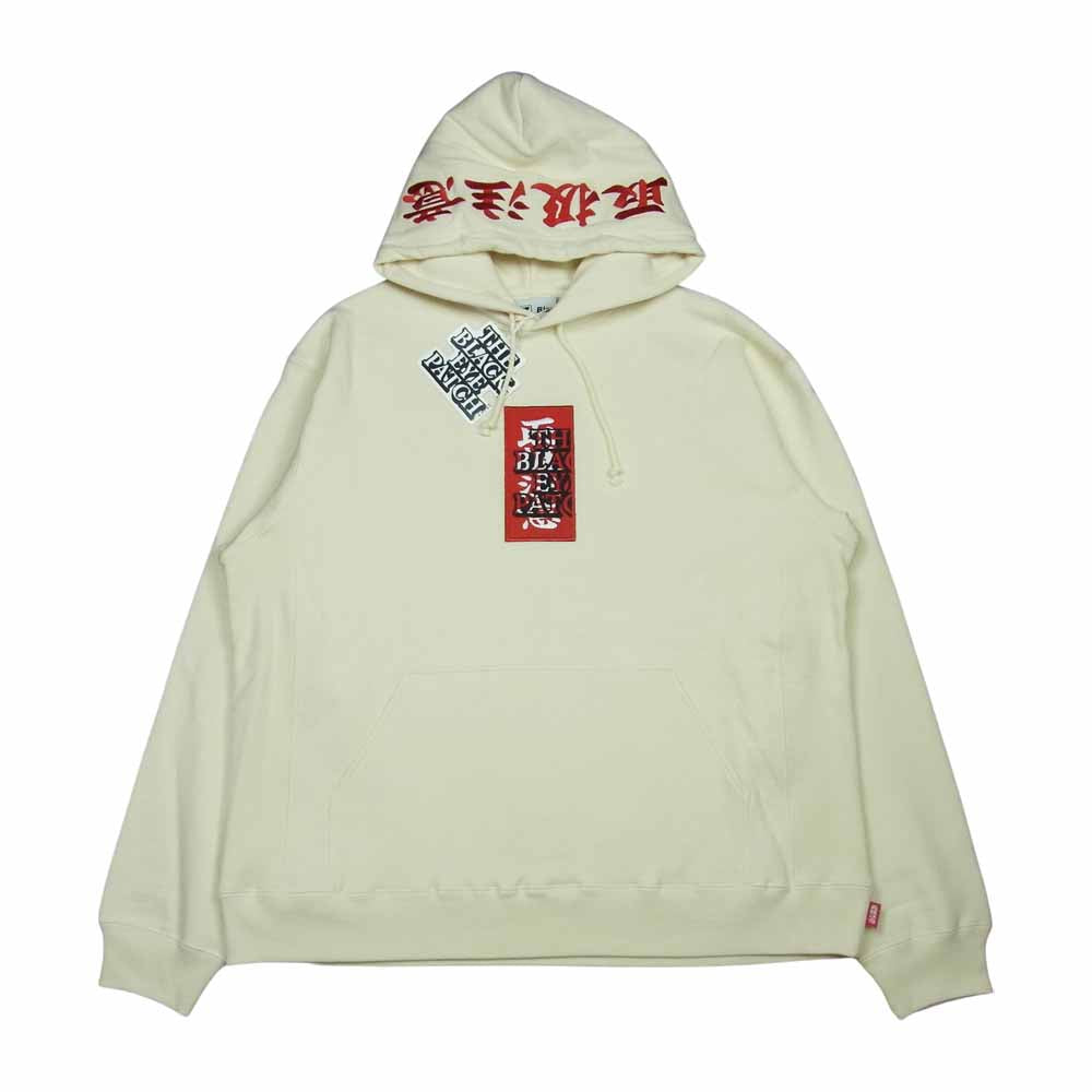 ブラックアイパッチ BEPFW21TP26 HANDLE WITH CARE LABEL HOODIE 取扱注意 フーディ パーカー オフホワイト系 L【新古品】【未使用】【中古】