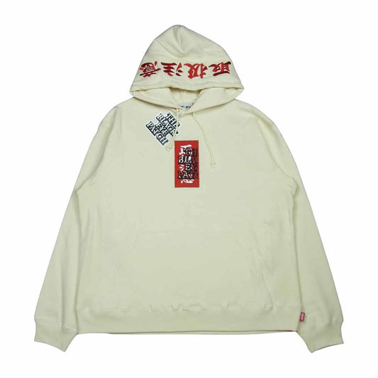 ブラックアイパッチ BEPFW21TP26 HANDLE WITH CARE LABEL HOODIE 取扱注意 フーディ パーカー オフホワイト系 L【新古品】【未使用】【中古】