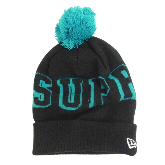 Supreme シュプリーム 15AW New Era Banner Beanie ニューエラ バナー ビーニー ニット帽 ボンボン ブラック×ブルー ブラック系【中古】