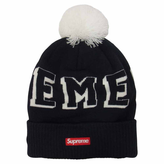 Supreme シュプリーム 15AW New Era Banner Beanie ニューエラ バナー ビーニー ニット帽 ボンボン ネイビー×ホワイト ネイビー系【中古】