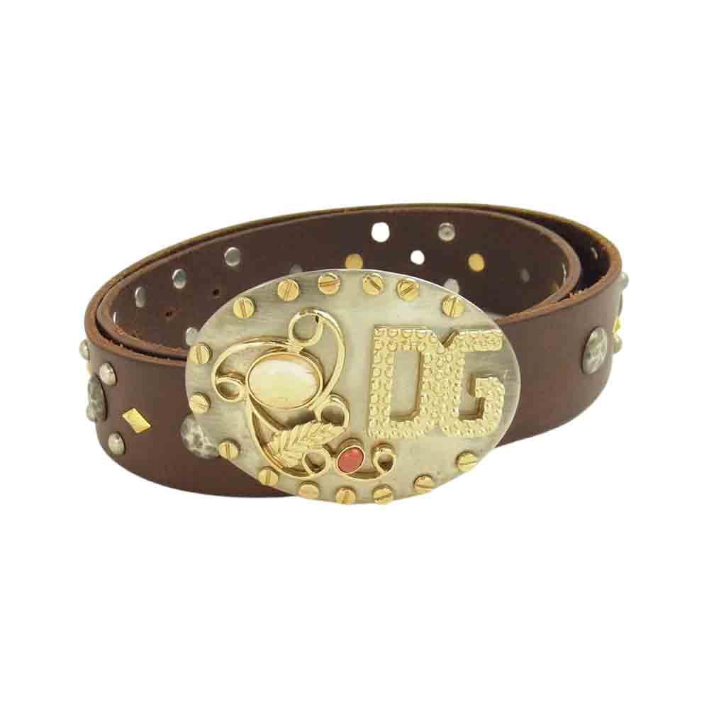 DOLCE&GABBANA ドルチェアンドガッバーナ 天然石 スタッズ ロゴ バックル レザー ベルト ブラウン系 36【中古】