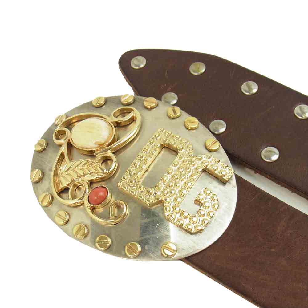 DOLCE&GABBANA ドルチェアンドガッバーナ 天然石 スタッズ ロゴ バックル レザー ベルト ブラウン系 36【中古】