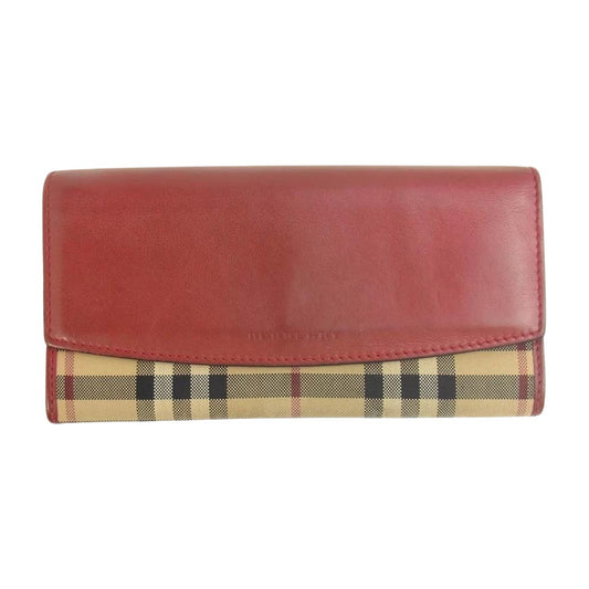 BURBERRY バーバリー イタリア製 ノバチェック レザー フラップ ウォレット 長財布 レッド系【中古】