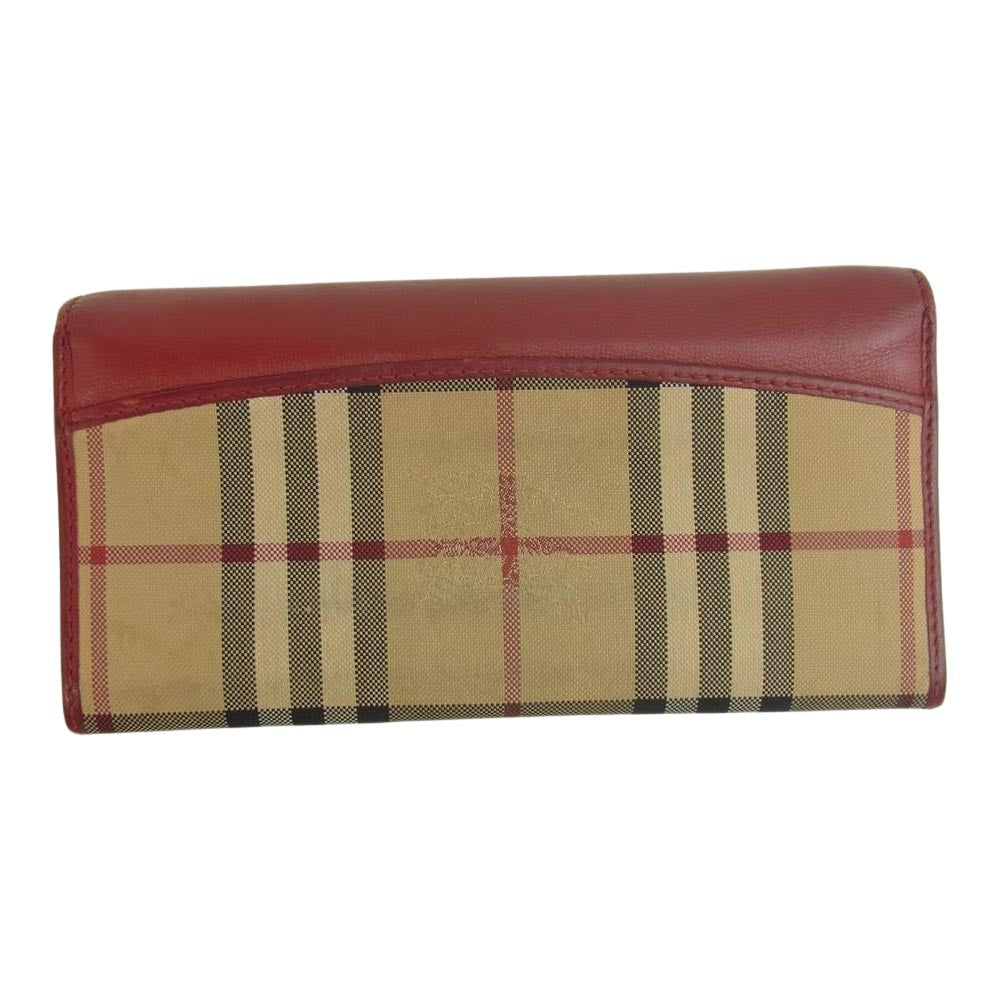 BURBERRY バーバリー イタリア製 ノバチェック レザー フラップ ウォレット 長財布 レッド系【中古】