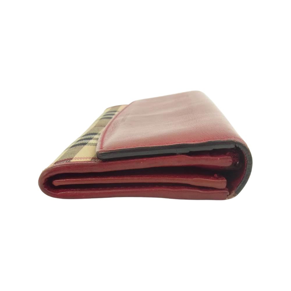 BURBERRY バーバリー イタリア製 ノバチェック レザー フラップ ウォレット 長財布 レッド系【中古】