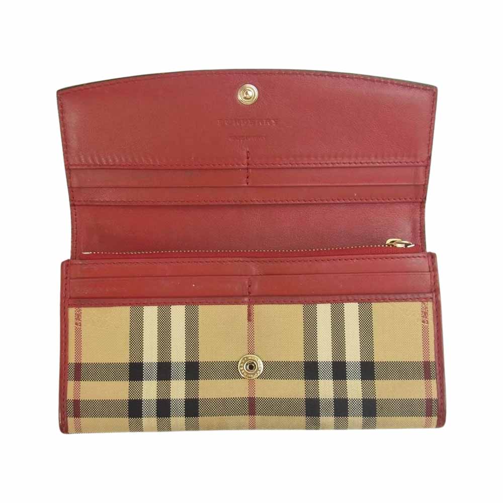 BURBERRY バーバリー イタリア製 ノバチェック レザー フラップ ウォレット 長財布 レッド系【中古】
