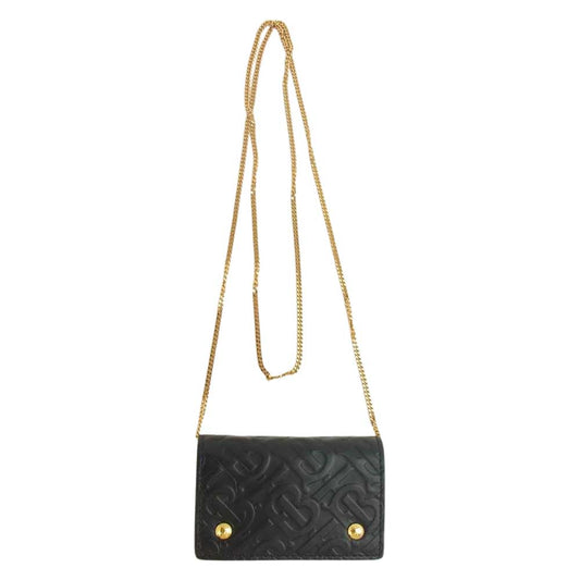 BURBERRY バーバリー TB モノグラム レザー チェーン ミニ ウォレット ブラック系【美品】【中古】