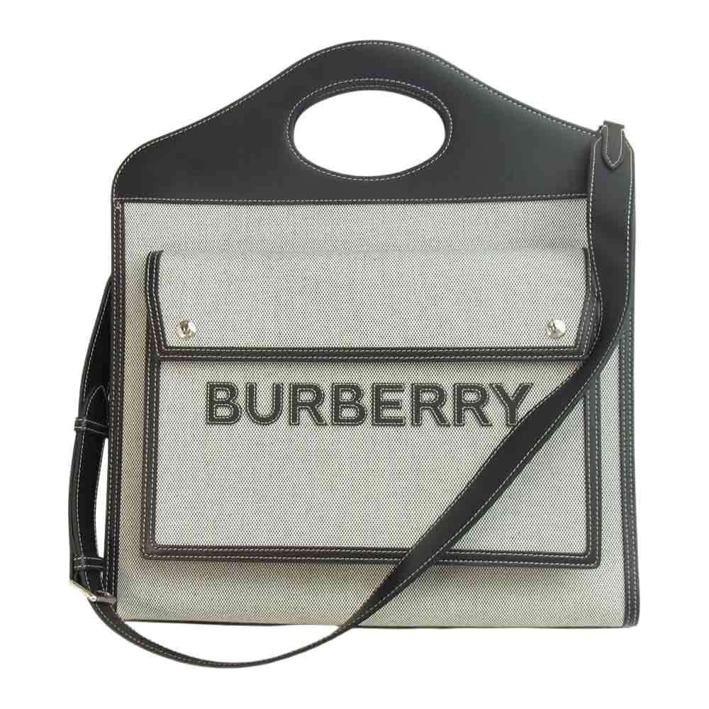 BURBERRY バーバリー キャンバス レザー ポケットバッグ ミディアム  グレー系【美品】【中古】