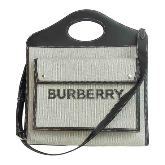 BURBERRY バーバリー キャンバス レザー ポケットバッグ ミディアム  グレー系【美品】【中古】