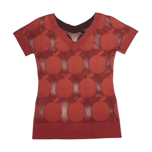 PLEATS PLEASE プリーツプリーズ イッセイミヤケ ISSEY MIYAKE イッセイミヤケ フルーツ柄 フレンチスリーブ メッシュ カットソー レッド系【中古】