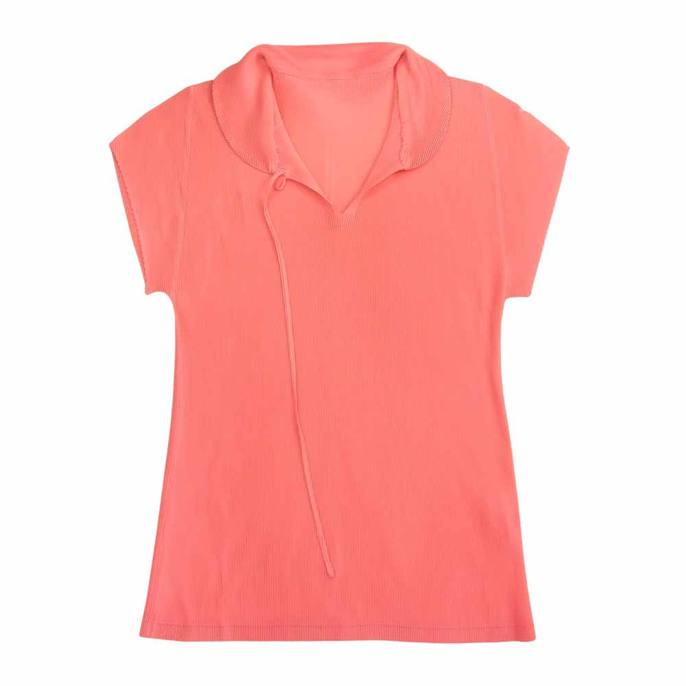 PLEATS PLEASE プリーツプリーズ イッセイミヤケ ISSEY MIYAKE イッセイミヤケ 7562025 細プリーツ 襟付き フレンチスリーブ カットソー ピンク系 3【中古】