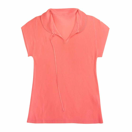 PLEATS PLEASE プリーツプリーズ イッセイミヤケ ISSEY MIYAKE イッセイミヤケ 7562025 細プリーツ 襟付き フレンチスリーブ カットソー ピンク系 3【中古】