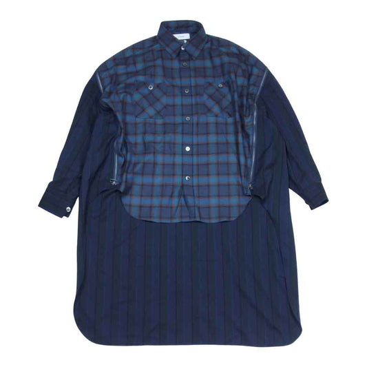 ファセッタズム 21AW CSW-SH-MO1 HIGH-LOW ZIPPER SHIRT ドッキング チェック ロング シャツ ネイビー系 3【新古品】【未使用】【中古】
