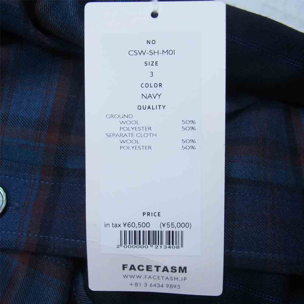 ファセッタズム 21AW CSW-SH-MO1 HIGH-LOW ZIPPER SHIRT ドッキング チェック ロング シャツ ネイビー系 3【新古品】【未使用】【中古】