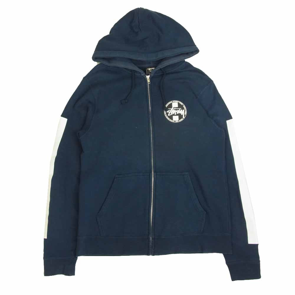 STUSSY ステューシー KNOWLEDGE IS KING ロゴ プリント ジップ パーカー ネイビー系 S【中古】