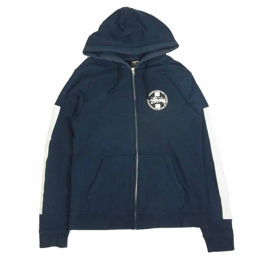 STUSSY ステューシー KNOWLEDGE IS KING ロゴ プリント ジップ パーカー ネイビー系 S【中古】