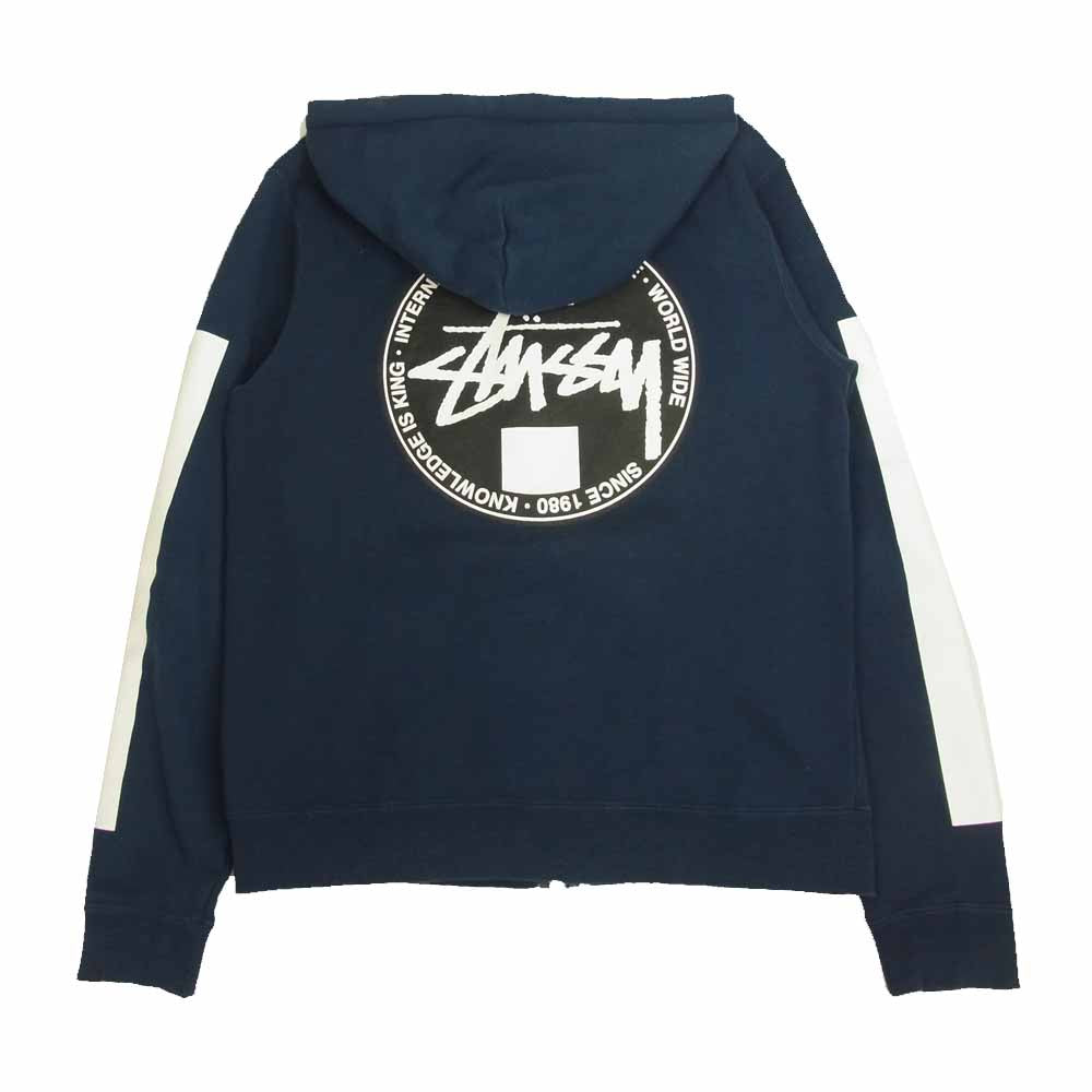 STUSSY ステューシー KNOWLEDGE IS KING ロゴ プリント ジップ パーカー ネイビー系 S【中古】