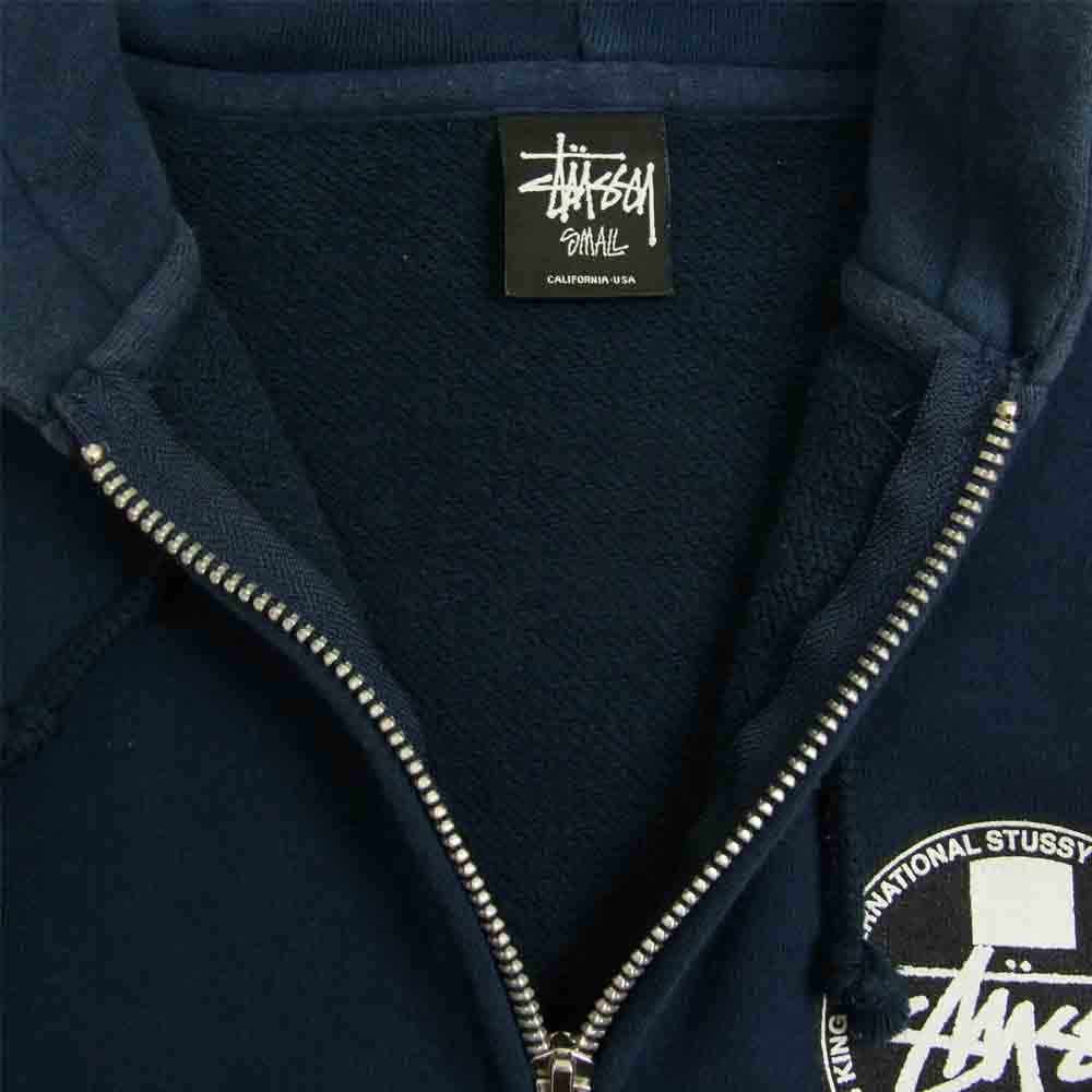 STUSSY ステューシー KNOWLEDGE IS KING ロゴ プリント ジップ パーカー ネイビー系 S【中古】