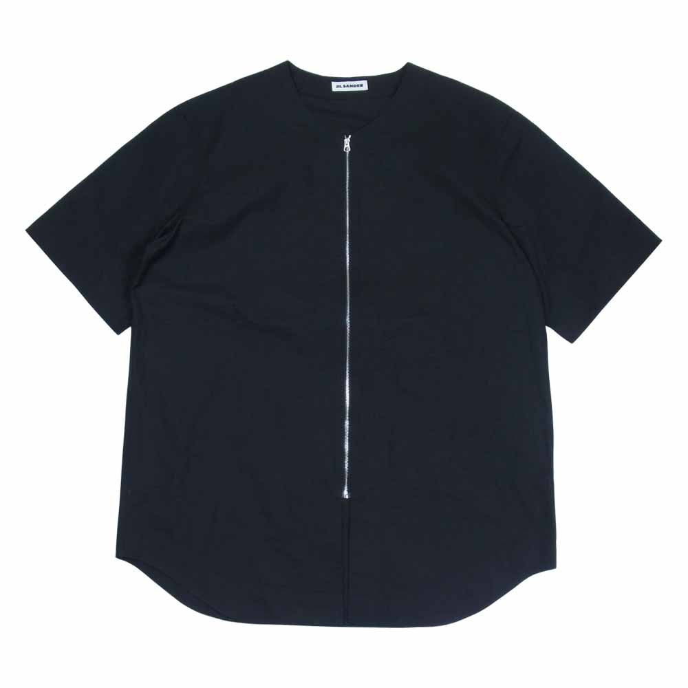 JIL SANDER ジルサンダー JSMU601126 MU244200 ノーカラー ジップ 半袖 シャツ ブラック系 50【美品】【中古】
