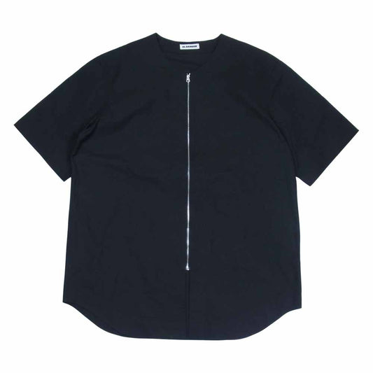 JIL SANDER ジルサンダー JSMU601126 MU244200 ノーカラー ジップ 半袖 シャツ ブラック系 50【美品】【中古】