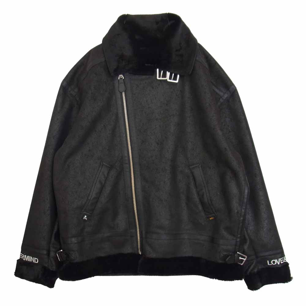 mastermind JAPAN マスターマインドジャパン × ALPHA W RIDERS JK FAKE MOUTON B-3 アルファ ライダースジャケット フェイクムートン バックスカル ブラック ブラック系 L【美品】【中古】