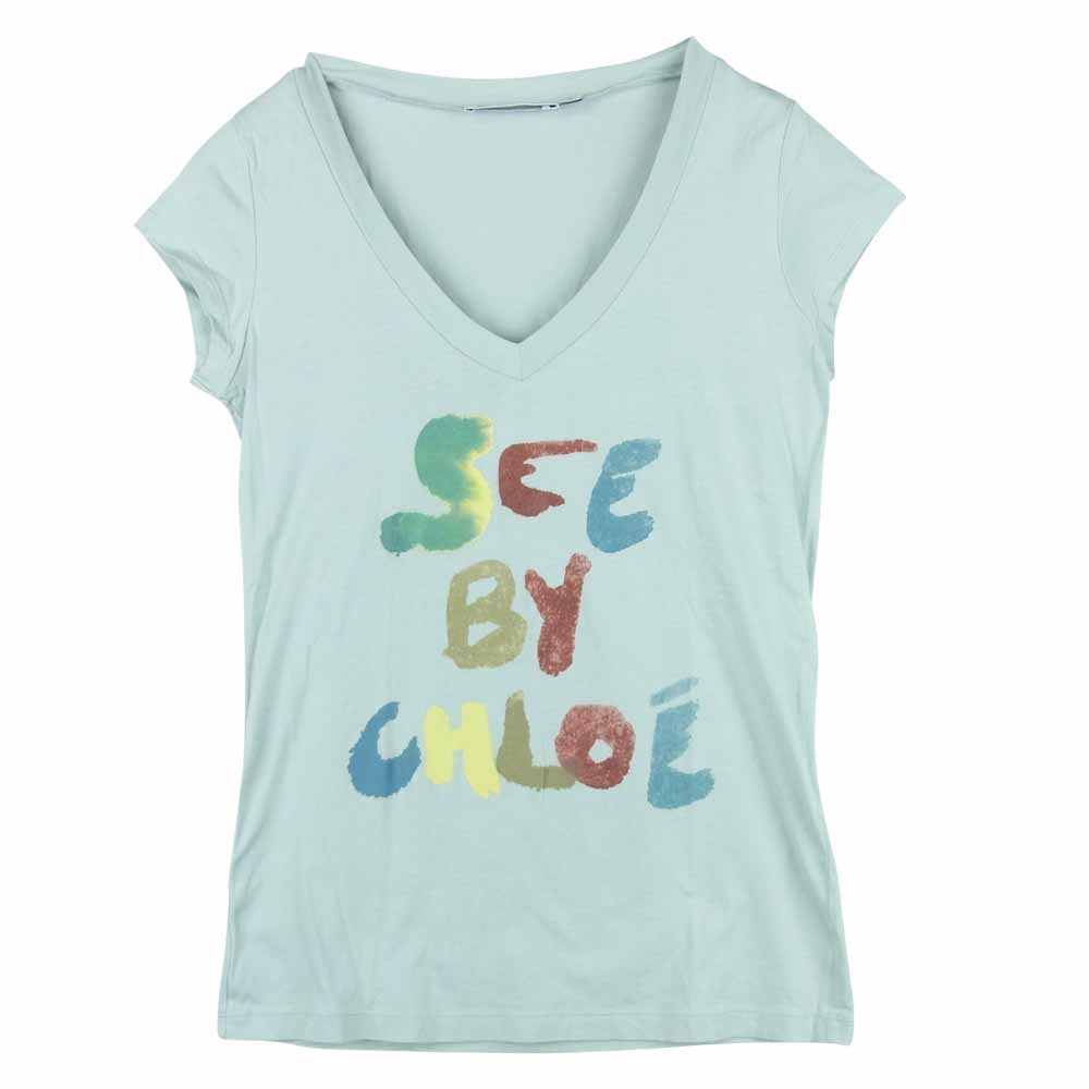SEE BY CHLOE シーバイクロエ L4A9001 ロゴプリント カットソー Vネック Tシャツ コットン 中国製 グレー系【中古】