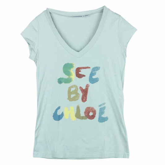 SEE BY CHLOE シーバイクロエ L4A9001 ロゴプリント カットソー Vネック Tシャツ コットン 中国製 グレー系【中古】