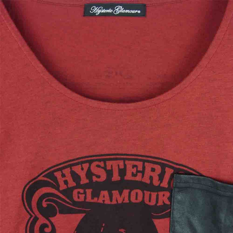 HYSTERIC GLAMOUR ヒステリックグラマー 0134CT01 レザー 切替え ガールプリント カットソー ポケット 半袖 Tシャツ レッド系 ブラック系 FREE【中古】