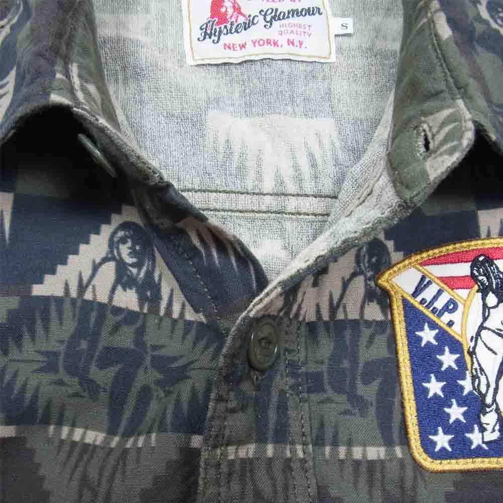 HYSTERIC GLAMOUR ヒステリックグラマー 0261AH07 ネイティブ柄 ガール ワッペン 半袖 シャツ カーキ系 S【中古】