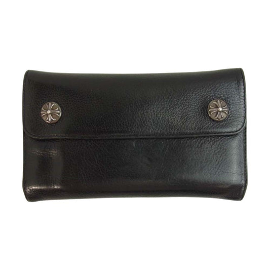 CHROME HEARTS クロムハーツ（原本無） WAVE ウェーブ クロスボール ボタン レザー ウォレット ブラック系【中古】
