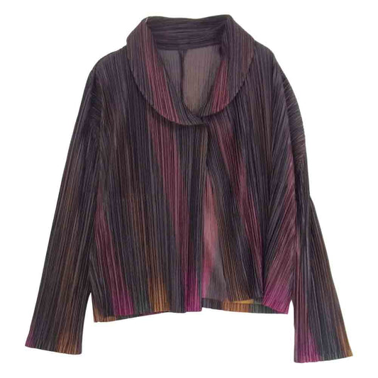 PLEATS PLEASE プリーツプリーズ イッセイミヤケ PP93-JD702 プリーツ加工 グラデーション ストライプ カーディガン パープル系 4【中古】