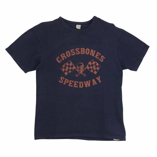 THE FLAT HEAD ザフラットヘッド BLACK MINT ブラックミント CROSSBONE SPEEDWAY プリント Tシャツ ネイビー系 38【中古】
