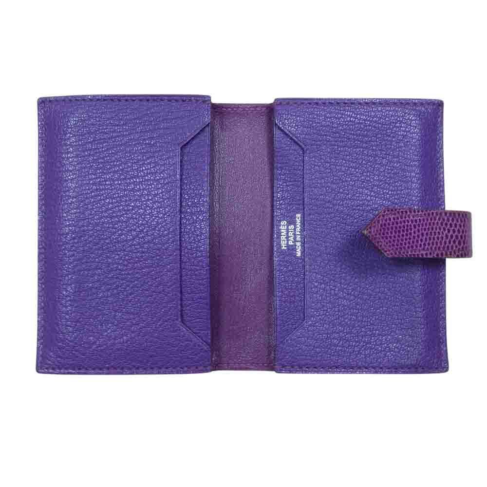 HERMES エルメス ベアン リザード シルバー金具 □M刻印 09年製 カードケース パープル系【中古】